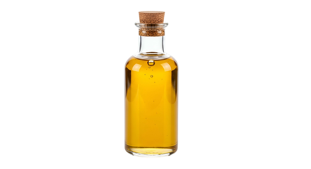 Small Glass Bottle of Golden Oil with Cork Stopper on Transparent Background