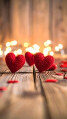 Warm, inviting red crocheted hearts glow with soft bokeh lights on rustic wood, perfect for celebrating love and romance.