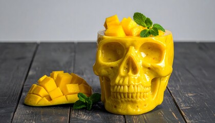 Vibrant yellow mango smoothie served in a spooky skull mug, garnished with fresh mint and diced fruit, perfect for a Halloween treat or unique party drink.