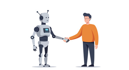 A person and a robot shaking hands, symbolizing collaboration and partnership in the field of technology.