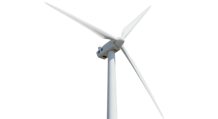 White Wind Turbine with Large Blades Standing in Clear Sky