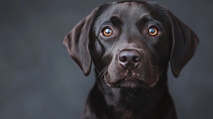 Fototapeta premium Charming Chocolate Labrador Portrait on Neutral Gray Background, Ideal for Dog Lovers