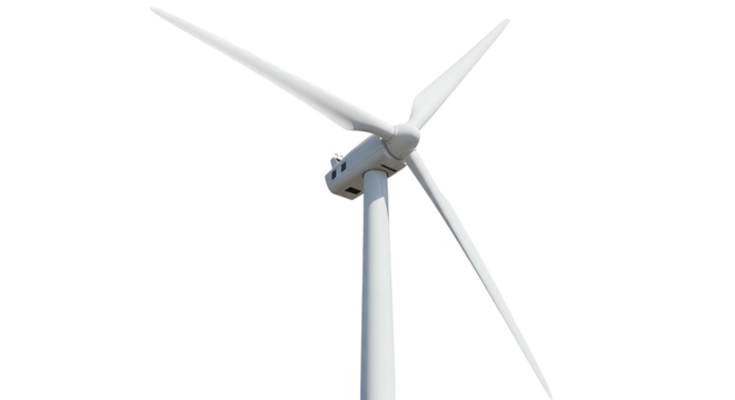 White Wind Turbine with Large Blades Standing in Clear Sky