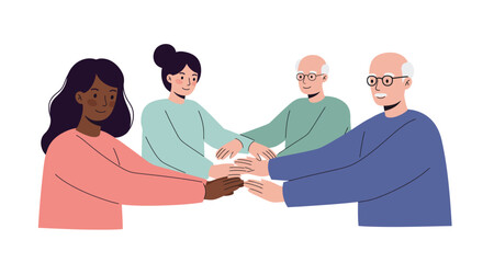 Fototapeta premium Diverse group of people joining hands together, symbolizing unity and teamwork.