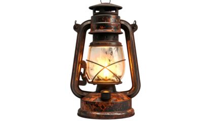 Old rusty lantern with lit flame, isolated on black