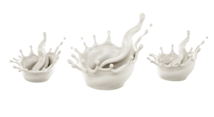 Three Splashing White Milk Bowls on Transparent Background in Artistic Style