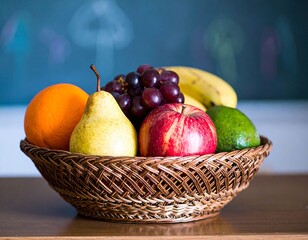 A woven basket overflows with fresh fruits including apples oranges pears bananas grapes and avocado