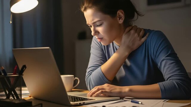 Woman working on laptop at night with neck pain due to bad posture at desk