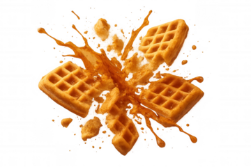 Waffles exploding with golden syrup splash, dynamic breakfast food breaking apart, sweet dessert concept, transparent background