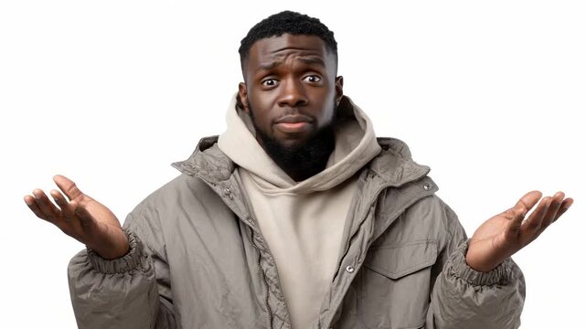 Man in casual coat gestures with hands while looking puzzled in a neutral setting