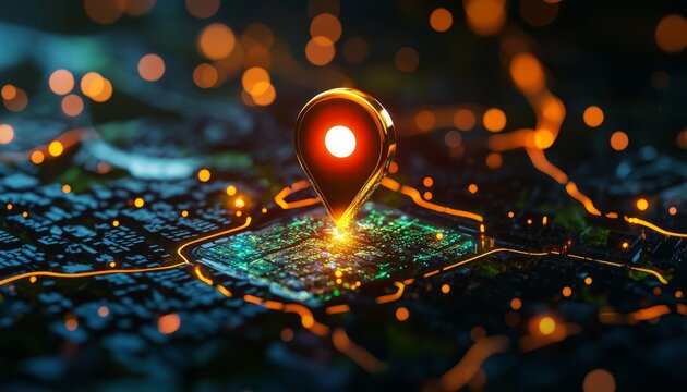 A glowing map pin marks a location on a digital map with vibrant lights, showcasing technology and navigation.