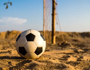A lone soccer ball rests on a sandy surface near a weathered net under a bright blue sky