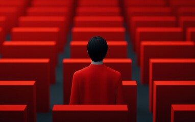 A solitary figure in a red sweater stands among rows of vibrant red structures, creating a striking visual contrast and a sense of isolation.