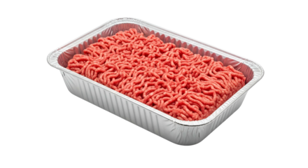 Raw Ground Beef in Aluminum Tray on Transparent Background