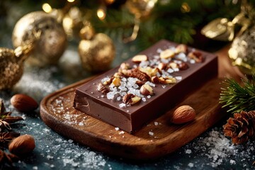A rich chocolate confection garnished with nuts and crystals, festive holiday setting