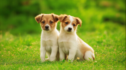 Two adorable dog sitting close together on a fresh green meadow with soft natural light