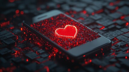 A smartphone displays a glowing red heart surrounded by digital circuitry, symbolizing love in the tech age.