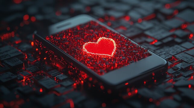 A smartphone displays a glowing red heart surrounded by digital circuitry, symbolizing love in the tech age.