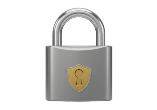 Isolated silver padlock with golden keyhole shield security concept for protection and privacy digital render illustration
