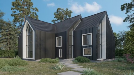 Modern black house exterior design architecture with large windows and landscaping for real estate property