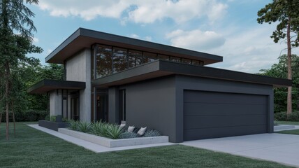 Modern home exterior architecture design with garage and landscaping for real estate property search 3d rendering
