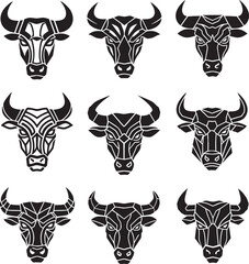 Collection of nine stylized black bull head icons with tribal and geometric patterns.