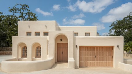 Beautiful mediterranean architecture home design exterior with arches and garage door in sunny day view