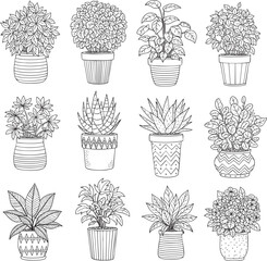 Collection of twelve handdrawn potted plants including succulents and flowers in a black and white doodle illustration style.