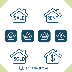 Real Estate Icons. Sign, For Sale, Rent, Sold, Dollar, Home, House Icon