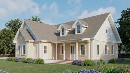 Beautiful single family home exterior with manicured lawn and landscaping for real estate showcase