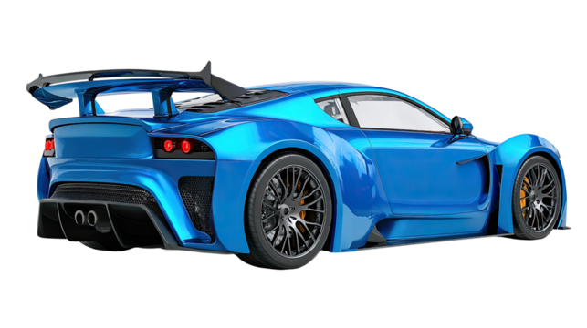 Azure Velocity: A sleek, ultramodern blue sports car, poised for speed, is captured in striking detail, radiating power and innovation. 