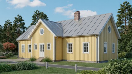 Yellow house architecture design with gray metal roof and green grass landscape in summer sunny day view exterior