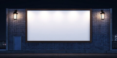Blank billboard showing advertising on brick wall at night