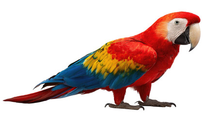 Obraz premium Scarlet Macaw in Vivid Color: A striking scarlet macaw perches gracefully, showcasing its vibrant plumage of red, blue, and yellow feathers, creating a mesmerizing display of exotic beauty.