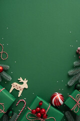 Christmas vertical New Year celebration warm festive gifts ornaments pine branches berries green...