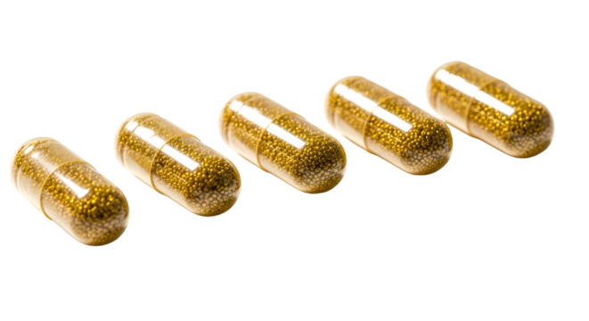 Gold Capsules Filled with Tiny Beads on Transparent Background