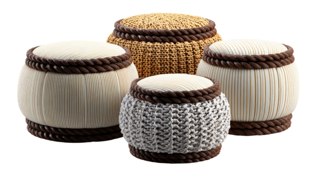 Woven Furniture Ensemble: Four uniquely designed furniture pieces with woven textures, showcasing a blend of craftsmanship and natural materials.