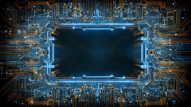 A Futuristic Digital Circuit Board Glowing with Tech
