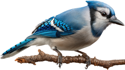 Captivating Blue Jay Perched: A vibrant Blue Jay, with its striking blue, black, and white plumage, perched gracefully on a slender branch, showcasing the intricate details of its feathers and a keen.