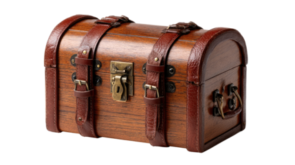 Vintage treasure chest: A meticulously crafted antique wooden chest, adorned with robust leather straps and intricate metal clasps, is a symbol of history, travel, and timeless value.