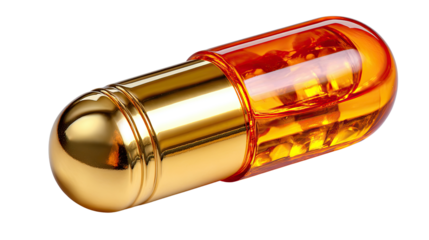 Pharmaceutical Capsule: The photo depicts a gleaming golden capsule, its transparent amber shell revealing neatly aligned, miniature medicine within, symbolizing the essence of health and healing.