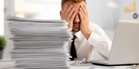 Stressed businessman overwhelmed by stack of paperwork at office desk