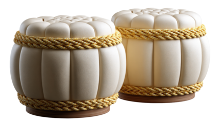 Barrel-Shaped Stools: Two elegantly designed, barrel-shaped stools with a creamy off-white exterior, adorned with a decorative rope trim and a sturdy, circular wooden base.