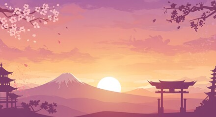 Serene digital art of a Japanese landscape at sunset, with cherry blossoms and iconic structures