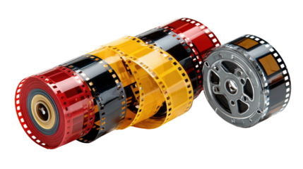 Rolling Reels of Color: A collection of vibrant film rolls, capturing moments in vivid hues, a nostalgic journey through cinema and photography.