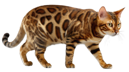 Bengal Cat on Prowl: A sleek and majestic bengal cat with its distinctive spotted coat, walks with confidence. Capturing elegance of feline grace and the wild beauty.