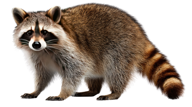 Curious Raccoon: A curious raccoon with its bandit-like mask and fluffy tail, stands poised. with its distinctive markings, showcasing the animal's intelligent gaze.