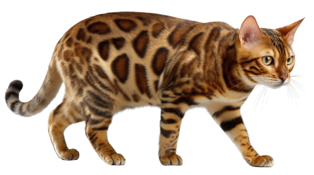 Bengal Cat on Prowl: A sleek and majestic bengal cat with its distinctive spotted coat, walks with confidence. Capturing elegance of feline grace and the wild beauty.