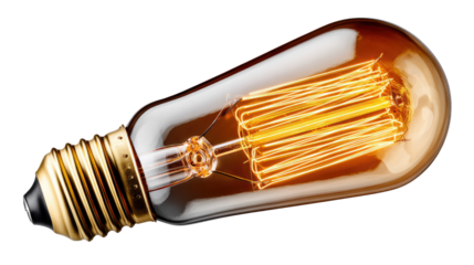 Vintage Incandescence: A close-up of a classic vintage incandescent light bulb, radiating a warm, inviting glow and revealing the intricate filament within. Capturing the beauty of Edison's design.