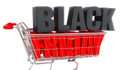 Black friday text inside a shopping cart isolated on transparent background